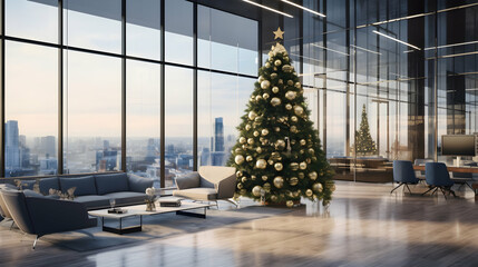 Office lobby decorated Christmas tree with panoramic windows,