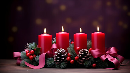 Christmas banner, copy space. Advent wreath with purple candles