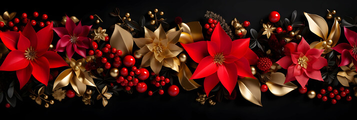 Christmas red flower poinsettia, fir tree branches berry twigs pine cones, golden ball on dark background