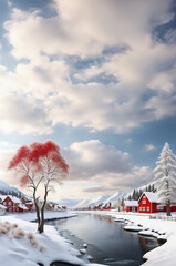 Acalm snowy rural village landscape photo with a bright blue sky and clouds, red houses and river.