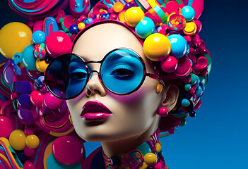 Exotic surrealism woman hair stylish fashion art with clorful plastic line  pattern. inspiration of modern pop art design
