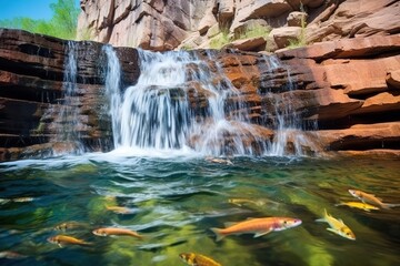 waterfall in with fish under