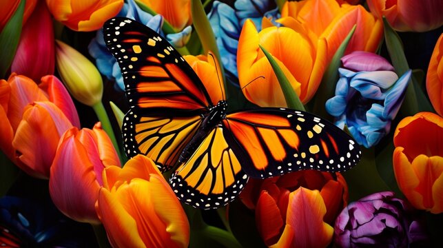 Reveal the intricate patterns on a monarch butterfly as it rests on a bed of colorful tulips in the soft glow of a spring afternoon.