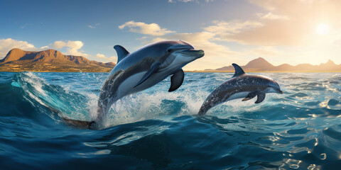 Playful dolphins leaping in the vastness of the ocean - obrazy, fototapety, plakaty