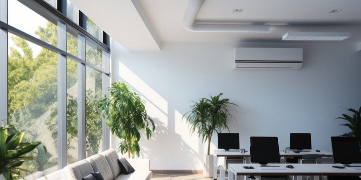 An air conditioning unit operating in a sleek, modern office space