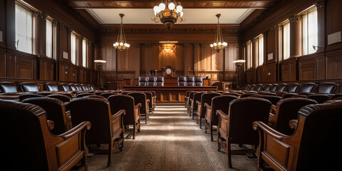 Vacant courtroom, its solemnity marked by rows of leather chairs
