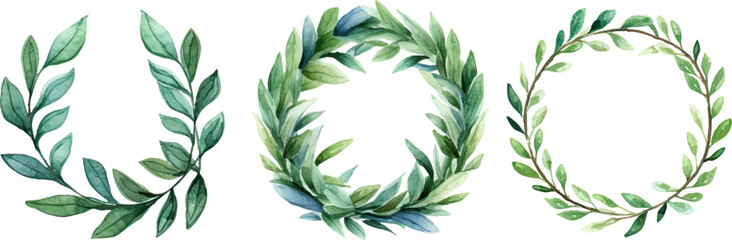 four watercolor laurel wreaths for printable templates - obrazy, fototapety, plakaty