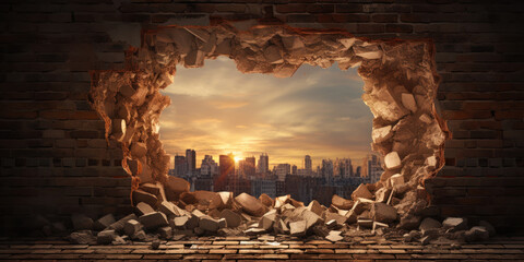 Cityscape peeking through a gap in a weathered brick wall - obrazy, fototapety, plakaty