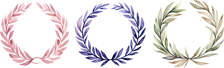 four watercolor laurel wreaths for printable templates