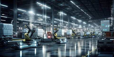 Autonomous robots efficiently navigating within a modern, futuristic warehouse - obrazy, fototapety, plakaty