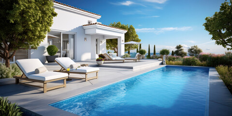 Backyard luxury villa, featuring an inviting pool and sunbathing deck - obrazy, fototapety, plakaty