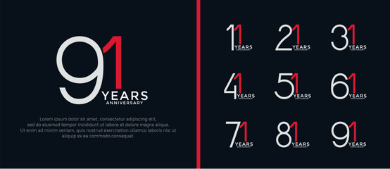 set of anniversary logo white and red color on black background for celebration moment - obrazy, fototapety, plakaty