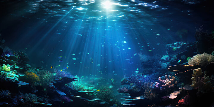 The underwater ocean world illuminated by shimmering light from above