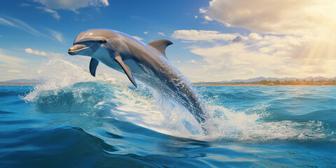 Fototapeta premium Playful dolphins leaping in the vastness of the ocean