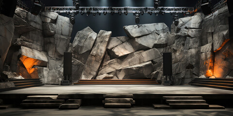 Unique concrete stage design, accented with rocks and a distinct backdrop