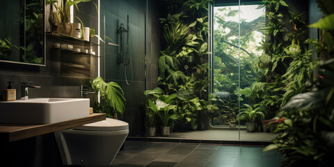 Greenery adorns a bathroom, complementing a toilet in the space