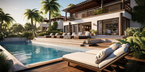 Backyard luxury villa, featuring an inviting pool and sunbathing deck