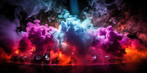 Smoke swirling around a state of the art speaker in a lively nightclub