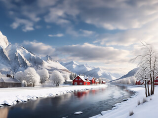 Magnificent, panoramic scenery of tranquil, snowy villages with mountains and rivers along a large river.
