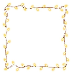 Shiny realistic electric garland with glowing yellow bulbs, Christmas decorative frame