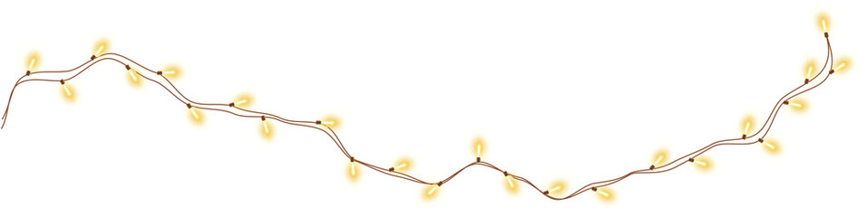 Shiny realistic electric garland with glowing yellow bulbs, Christmas decorative element - obrazy, fototapety, plakaty