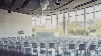 Interior of empty contemporary conference hall with white chairs. 