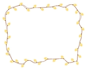 Shiny realistic electric garland with glowing yellow bulbs, Christmas decorative frame
