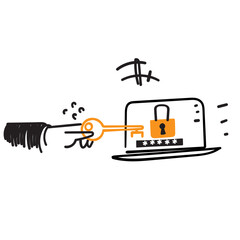 hand drawn doodle person Open the locked device screen with the key