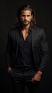 handsome man in classic suit with long hair on dark background.