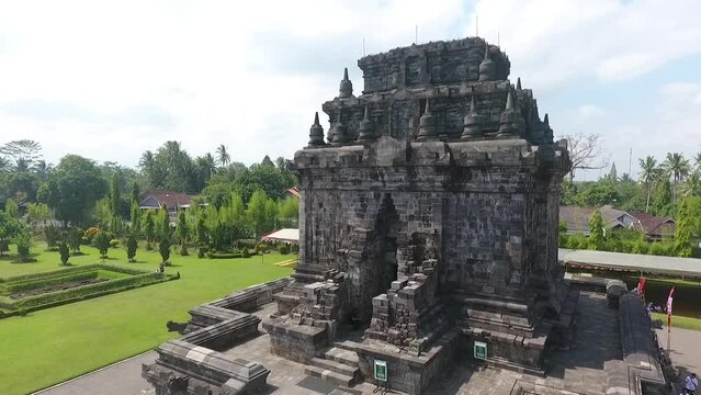 Aerial Footage of Crowded Ancient Historical Mendut Candi Temple at Magelang, Central Java, Indonesia