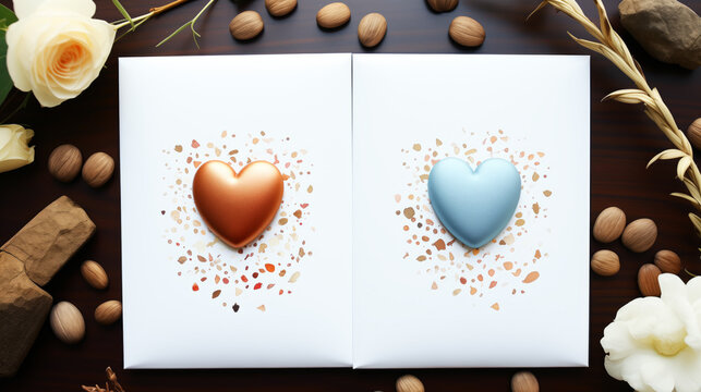 Valentine's day greeting card with hearts on wooden background. Space for text.