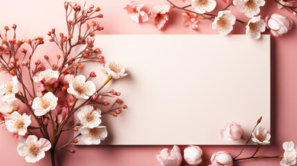 Blank paper card with spring flowers on pink background. Space for text.