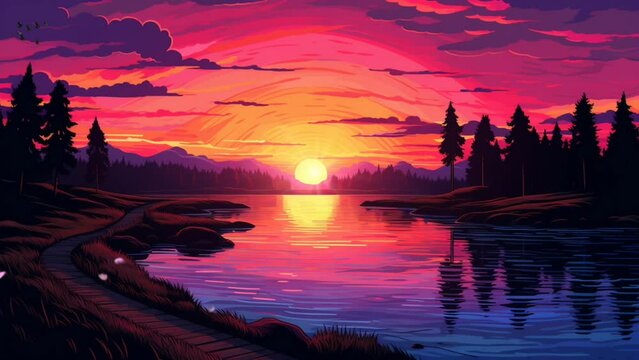 sunset over the river with a beautiful night. Seamless looping video background animation, cartoon style. Generated with AI