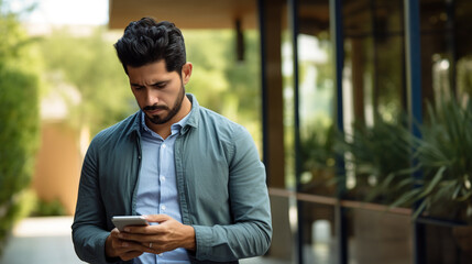 Close Up, Upset sad businessman reading bad news online using app on phone, thinking man outside office building disappointed with achievement results at workplace, boss depressed - Powered by Adobe