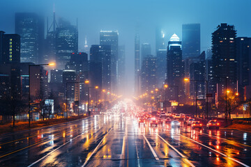 fresh and pure an image of an urban cityscape engulfed in thick fog, showcasing towering...