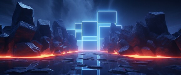 3d render, abstract geometric neon background. Glowing linear frames and rock cobble stone ruins levitating. Fantastic wallpaper