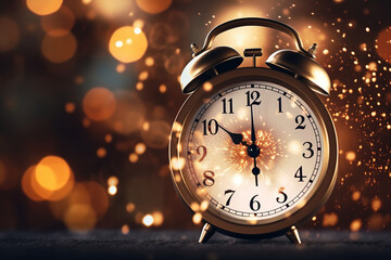 Obraz na płótnie Canvas alarm clock on Christmas holiday background with bokeh effect