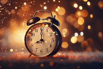 Obraz na płótnie Canvas alarm clock on Christmas holiday background with bokeh effect