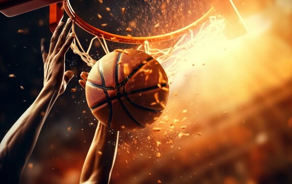 Two hands throwing a basketball ball in the basket. Fast throwing motion, goal, score, sweat, dust particles. March madness poster design, copy space. Basketball game winner. AI Generative.