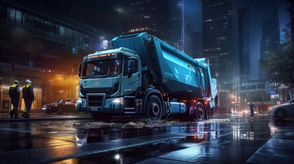 A Garbage trucks collecting garbage in the quiet night of a big city, government garbage collectors at work, a cold night, bright lights of tall buildings. - obrazy, fototapety, plakaty