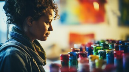 A female artist admiring her work in the loft of a studio. - obrazy, fototapety, plakaty