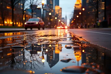 Foto op Canvas fresh and pure captivating reflections that rain creates on various surfaces, from the shimmering puddles on the pavement to the mirrored glass of city buildings © Kapin
