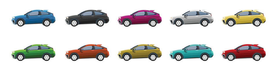 Vector or Illustrator of sport hatchback cars colorful collection. Design of electric vehicles car. Colorful cars with separate layers. On isolated white background.