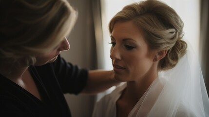 A bride having makeup done before her wedding.