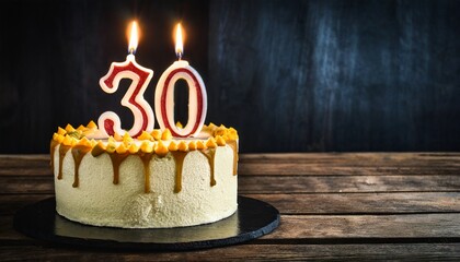 Candle on a cake alone - 30th anniversary - obrazy, fototapety, plakaty