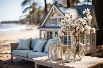 fresh and pure celebrates the charm and tranquility of a beach house, showcasing the cozy architecture, the sandy surroundings, and the inviting atmosphere of a coastal home