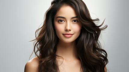 Naklejka premium Beautiful young asian woman with long hair and bare shoulders on white background in studio