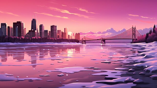 A winter cityscape at dusk with the city lights reflecting ,Winter Graphics, Winter Graphics image idea, Illustration