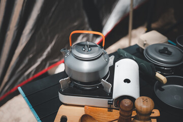 Prepare your campsite feast with this complete set, kettle, pot, pan, gas stove, flashlight, and...