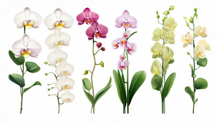 Obraz premium Orchid flower set Tropical plants, orchid floral watercolor illustration, botanical painting, greeting card frame border flowers, orchids, and leaves for wedding stationery, background, postcard, etc